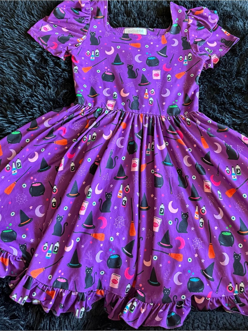 Girlhood by Little Stocking Company Purple Witch Print Ruffle Halloween Dress